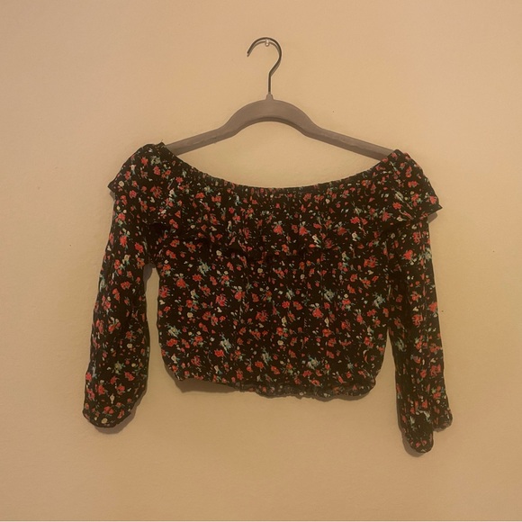 Rock & Religion Bardot Frilled Floral Print Crop Top • UK 14 US 10 • Black/Red - Picture 5 of 12